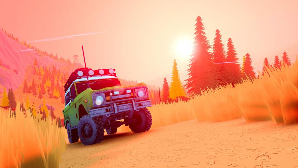 Over the Hill screenshot featuring a 4x4 vechivle driving over a hazy straw-filled landscape, with an orange sky and fir trees in the background