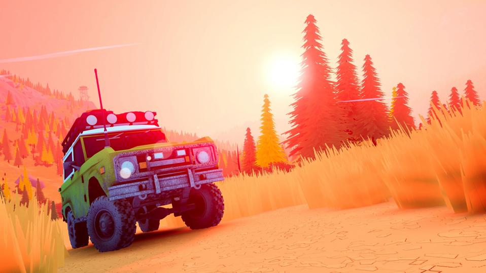Over the Hill screenshot featuring a 4x4 vechivle driving over a hazy straw-filled landscape, with an orange sky and fir trees in the background