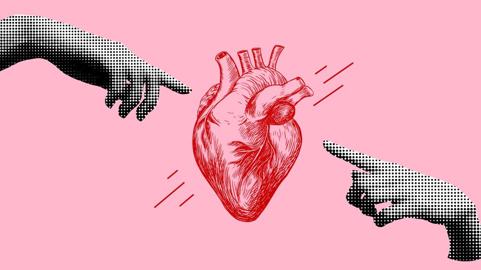 Modern collage with human heart and hands