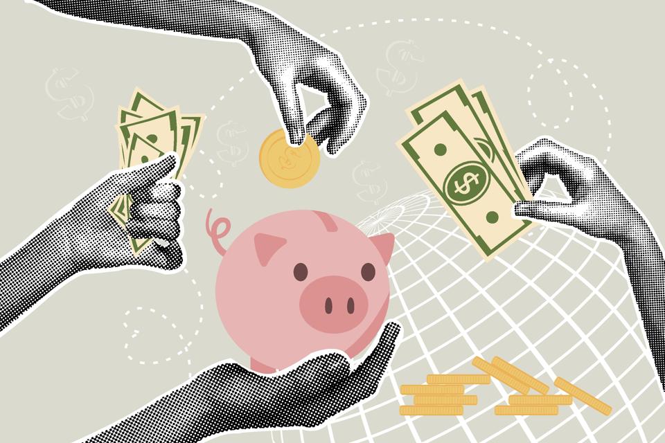 Collage concept of finance, banking, savings, savings, business, sales. Illustration for web banner, social media banner, business presentation.