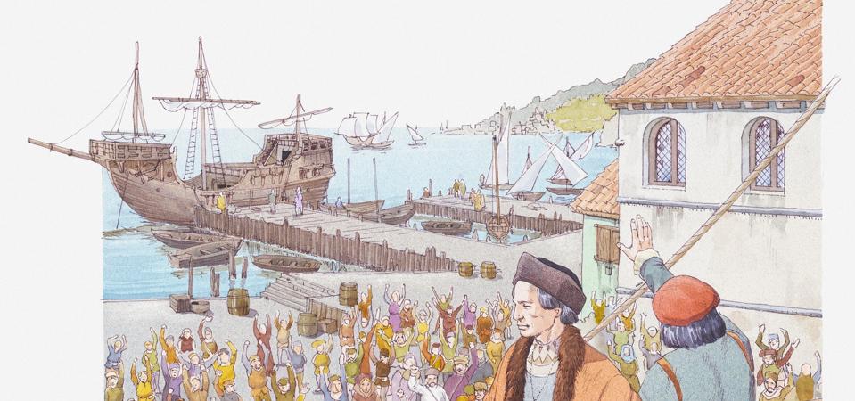 Illustration of Columbus returning to Spain in 1493, greeted by cheering crowds