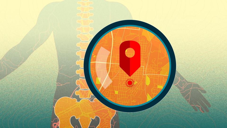 X-ray view of body with magnifying lens of street map superimposed