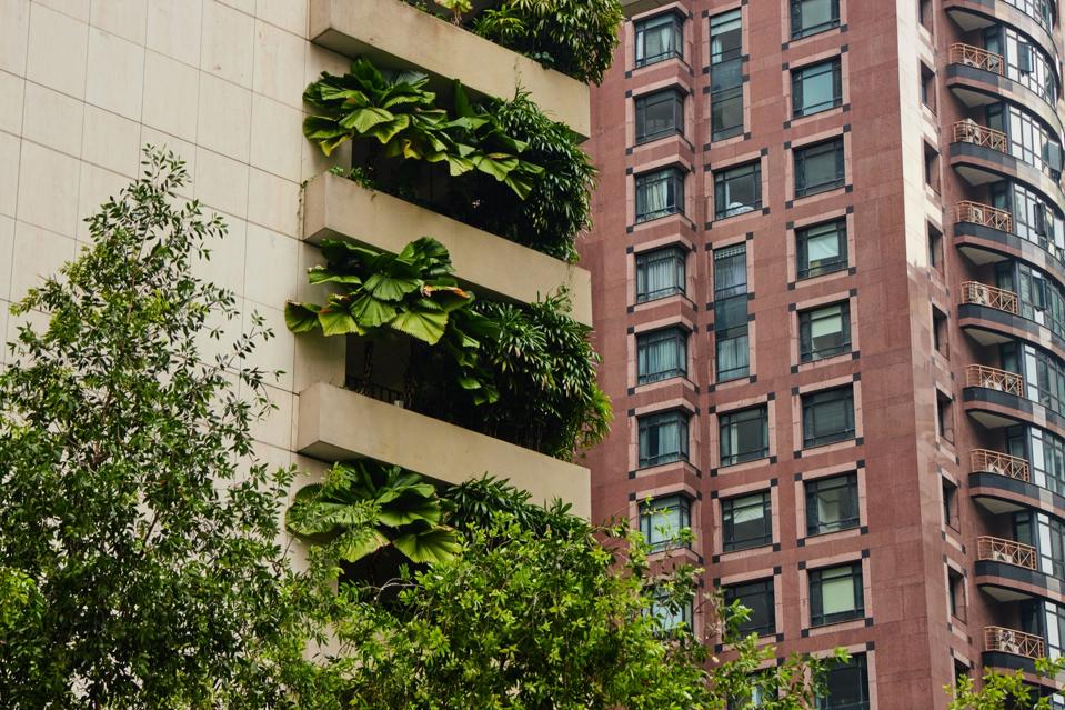 A green gardens on the balconies of a modern building. Sustainable architecture with plants on the floors