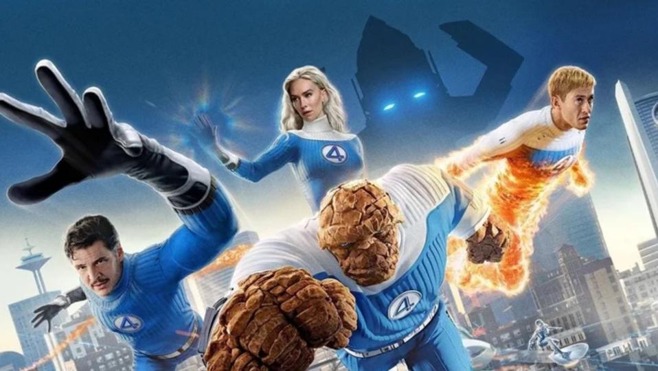 "The Fantastic Four: First Stes" partial poster featuring Pedro Pascal, Vanessa Kirby, Ebon Moss-Bachrach and Joseph Quinn.