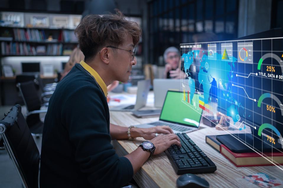 Businessman studying on laptop AI data, holographic interface for high-income career