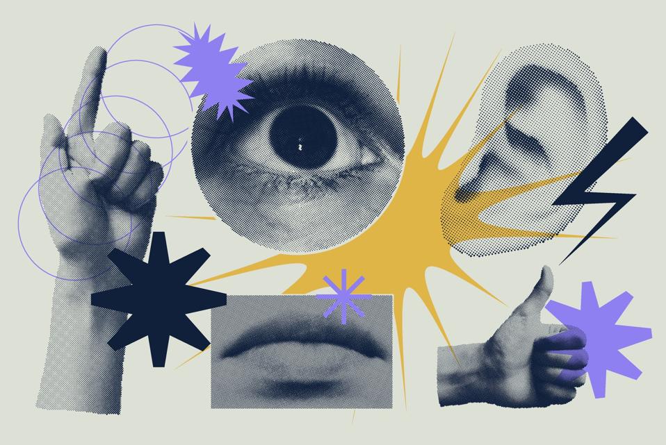Collage of a human eye, ear, mouth, and hands representing perception, communication, and collaboration in AI-driven work redesign.