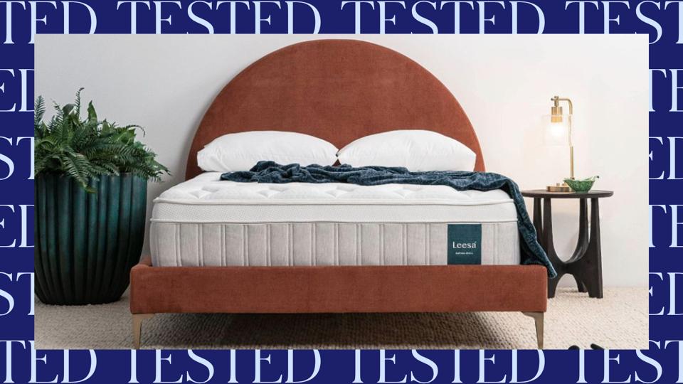 The Leesa Sapira Chill Hybrid on an brown bed frame.