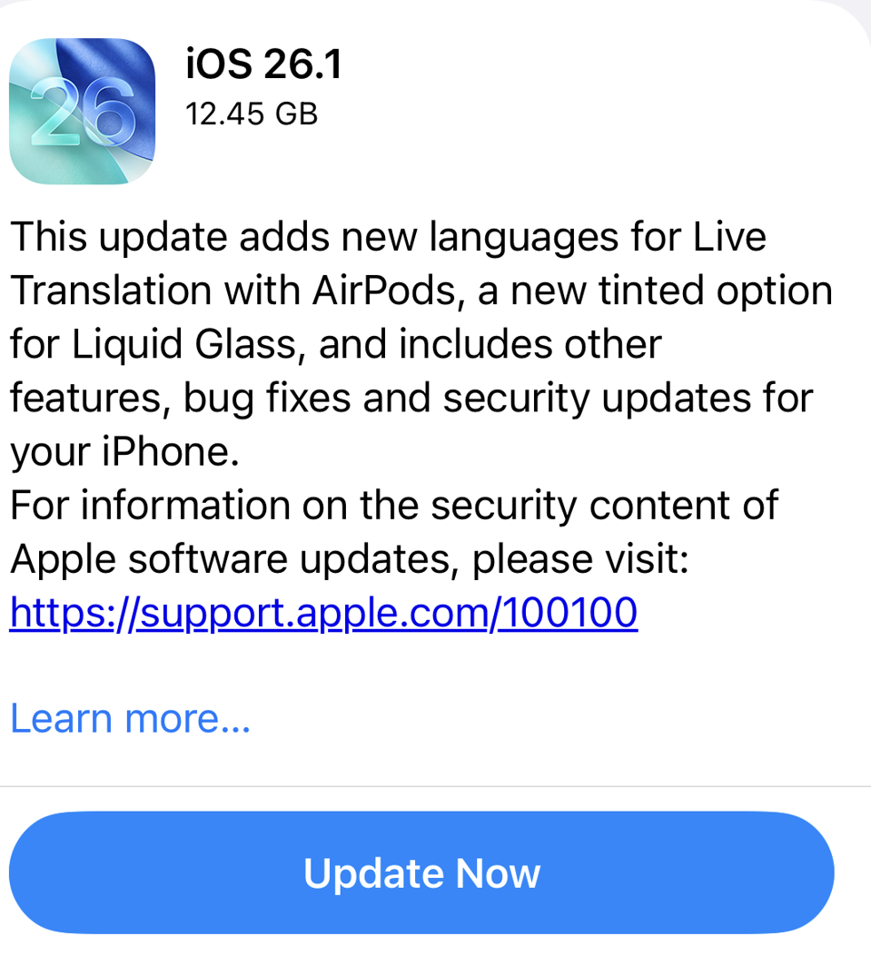 Apple's iOS 26.1 displayed on an iPhone 16 Pro screen