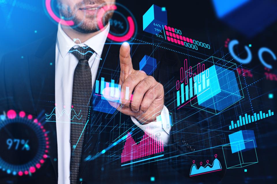 Leader finger touching data visualizations representing career growth