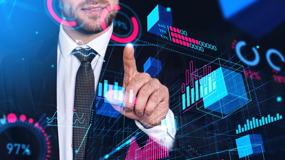 Leader finger touching data visualizations representing career growth