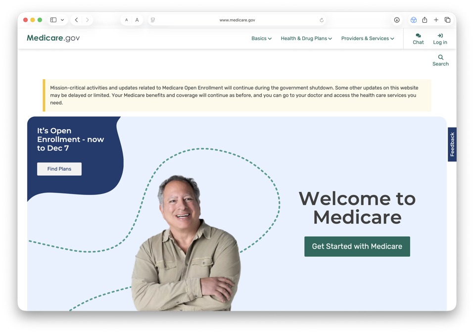 La página de inicio de Medicare.gov donde reside el Buscador de planes.