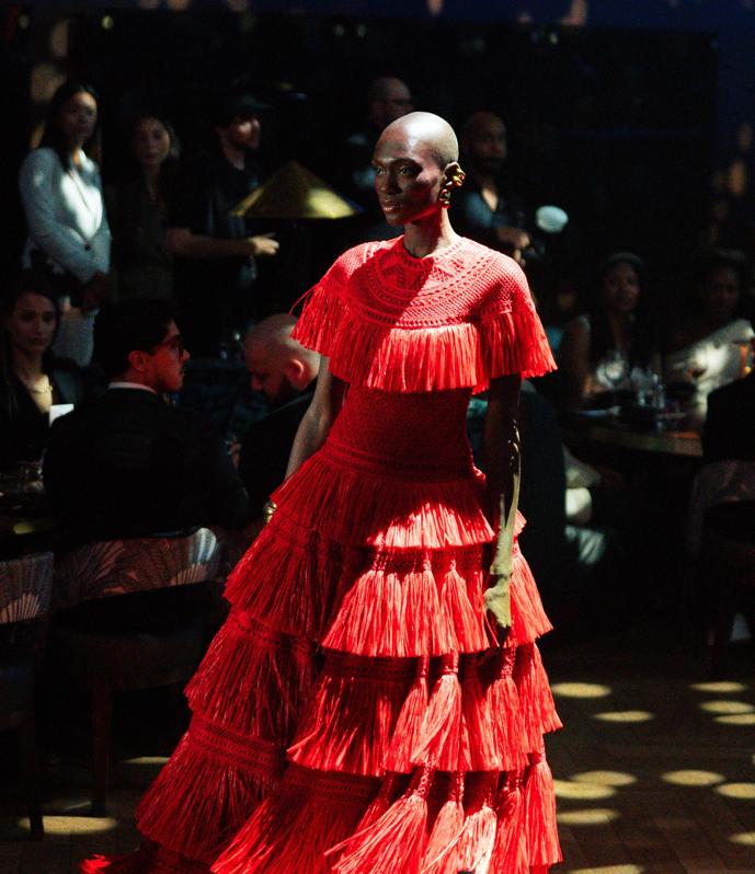 Model wearing Naeem Khan dress made from cellulose material at his recent gala