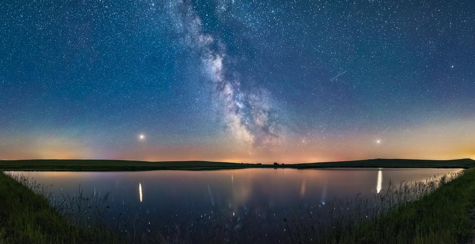 A 160 panorama taken July 5/6 of the summer Milky Way and the array of summer 2018 planets over the prairie pond near home in southern Alberta   Mars is bright to the left