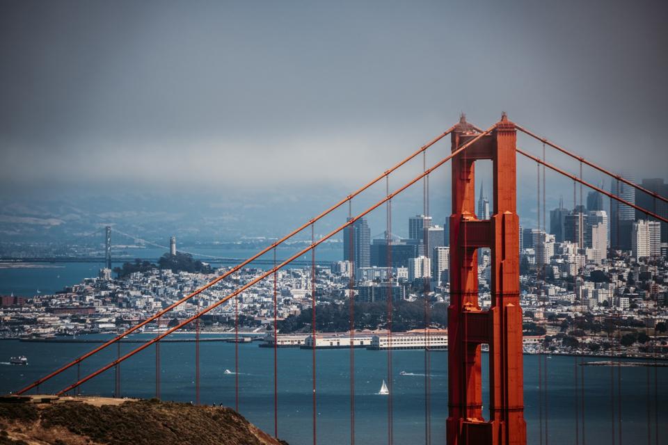shot San francisco city skyline with Golden Gate Bridge on foreground
