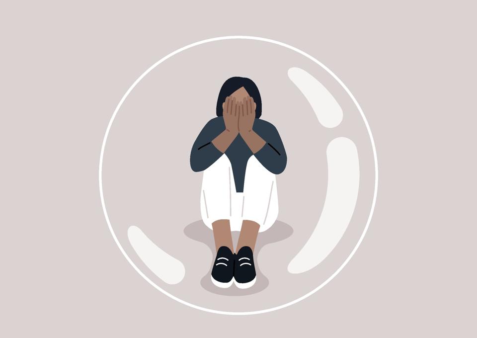 A young character trapped alone inside a transparent bubble, their head in hands, their body language expressing immense sadness and desperate loneliness