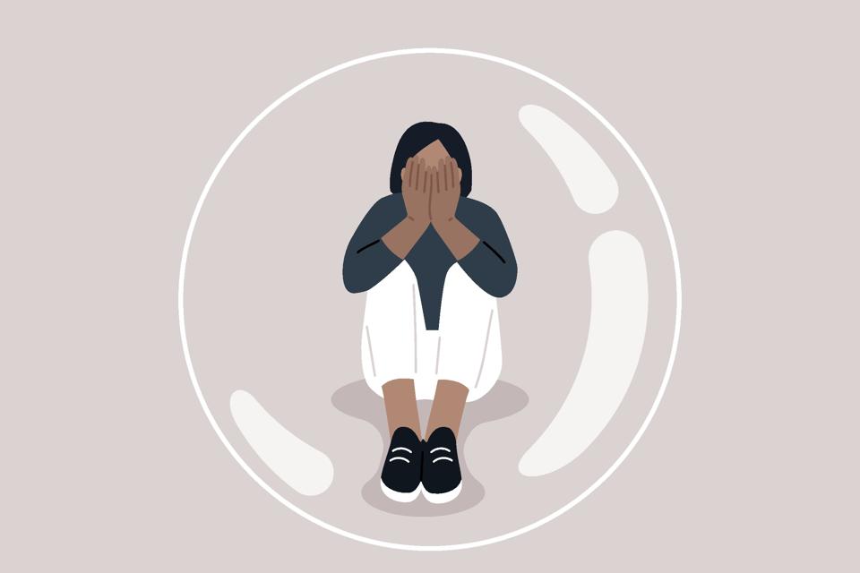 A young character trapped alone inside a transparent bubble, their head in hands, their body language expressing immense sadness and desperate loneliness