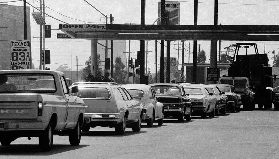 Vehicles in line for gasoline at Gas Station Long Beach, California 1979