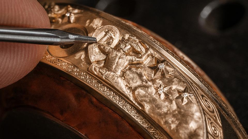 Engraving the case side of the Vacheron Constantin Les Cabinotieres Armillary Tourbillon.