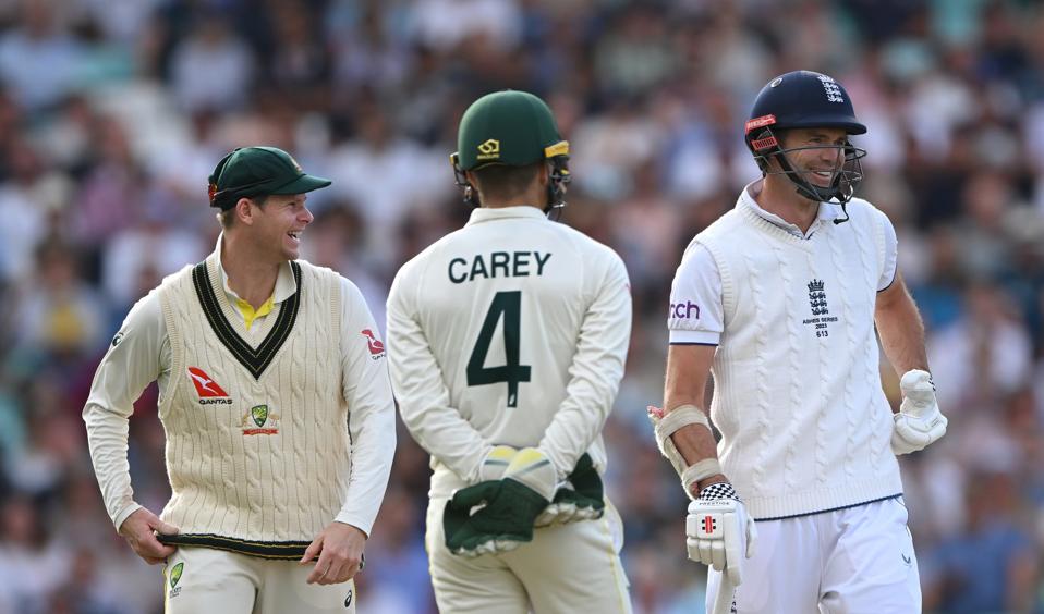 Jimmy Anderson shares a joke with Steve Smith during his last ever Ashes Test at the Oval