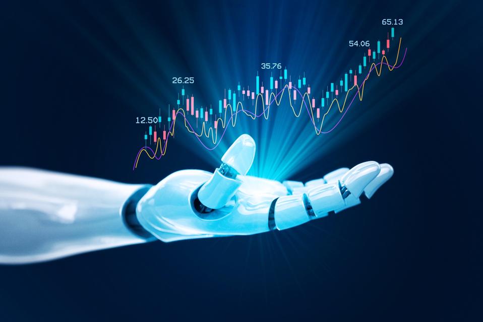 Robot showing stock market financial growth chart