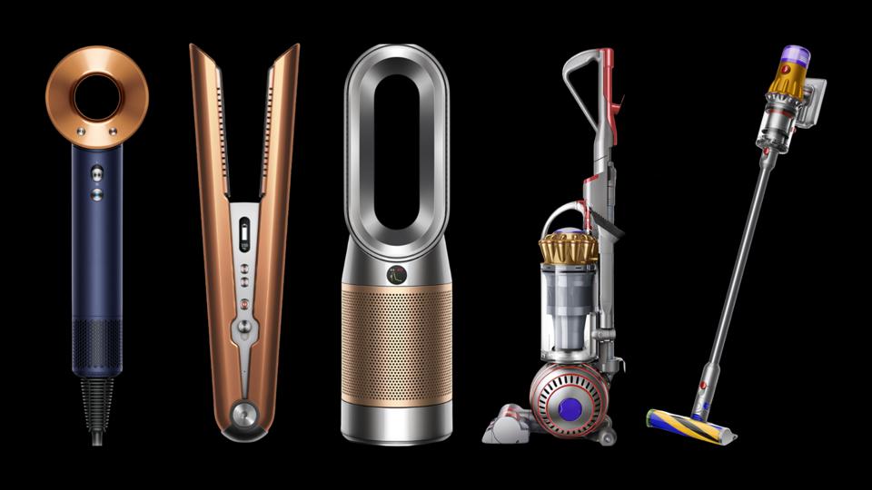 Collage of Dyson products, including a hair dryer, flat iron, fan and two vacuums.