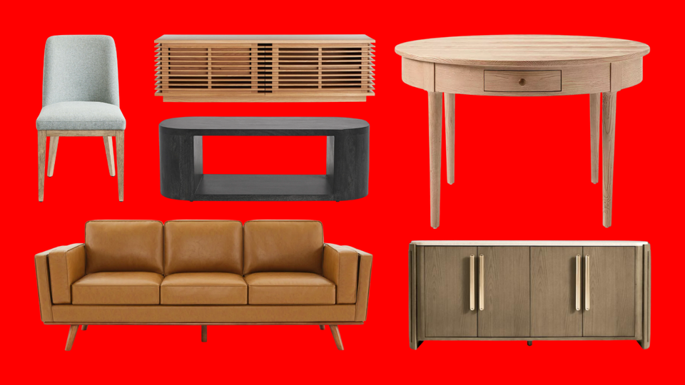 Red background with a variety of furniture pieces from different retailers.