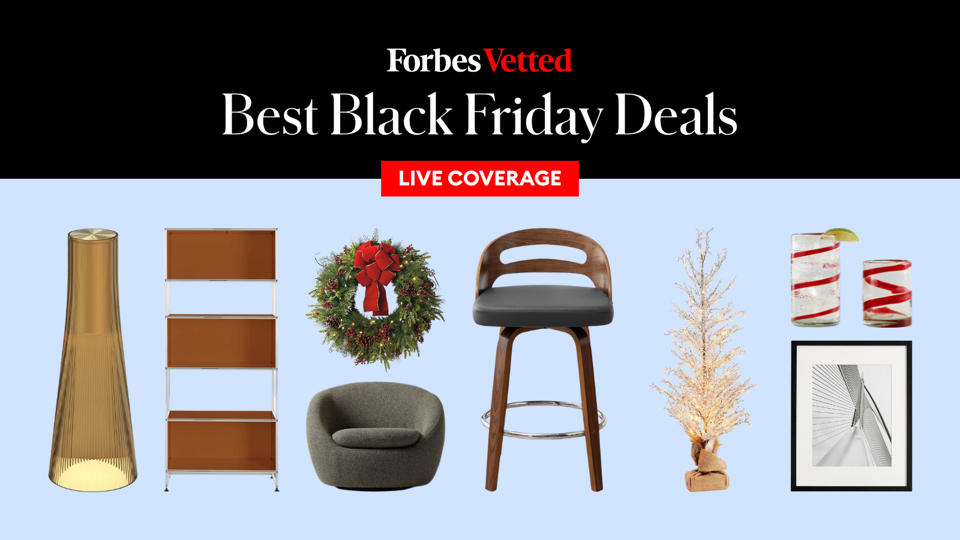 Furniture and decor laid out on blue background with Forbes Vetted branded text