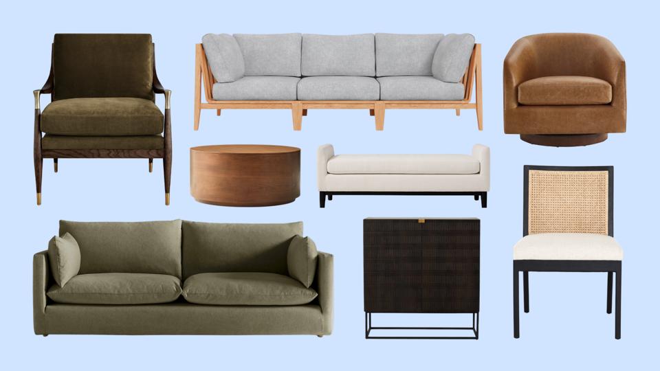 Eight pieces of furniture against a light blue backdrop, featured in our Cyber Monday furniture deals coverage.