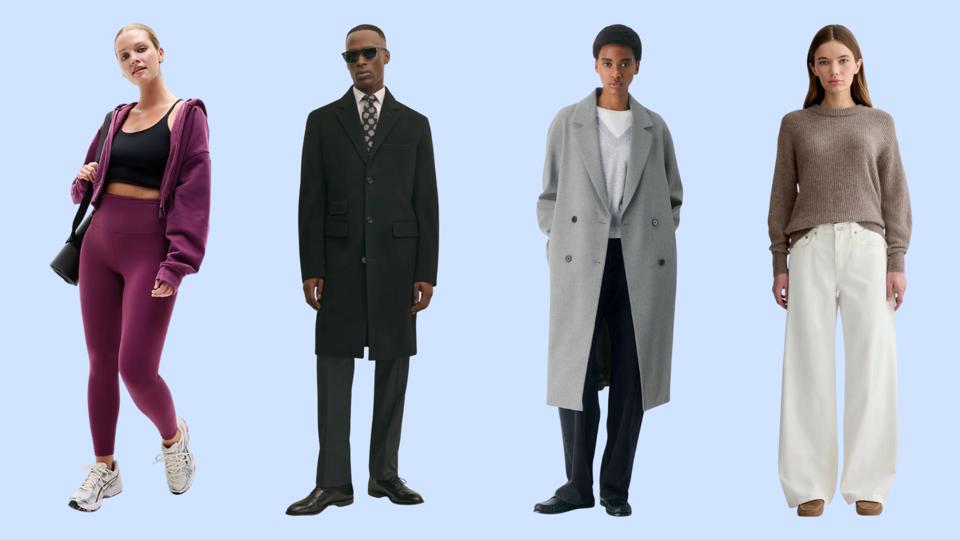 Light blue background with four models wearing clothes from different designers.