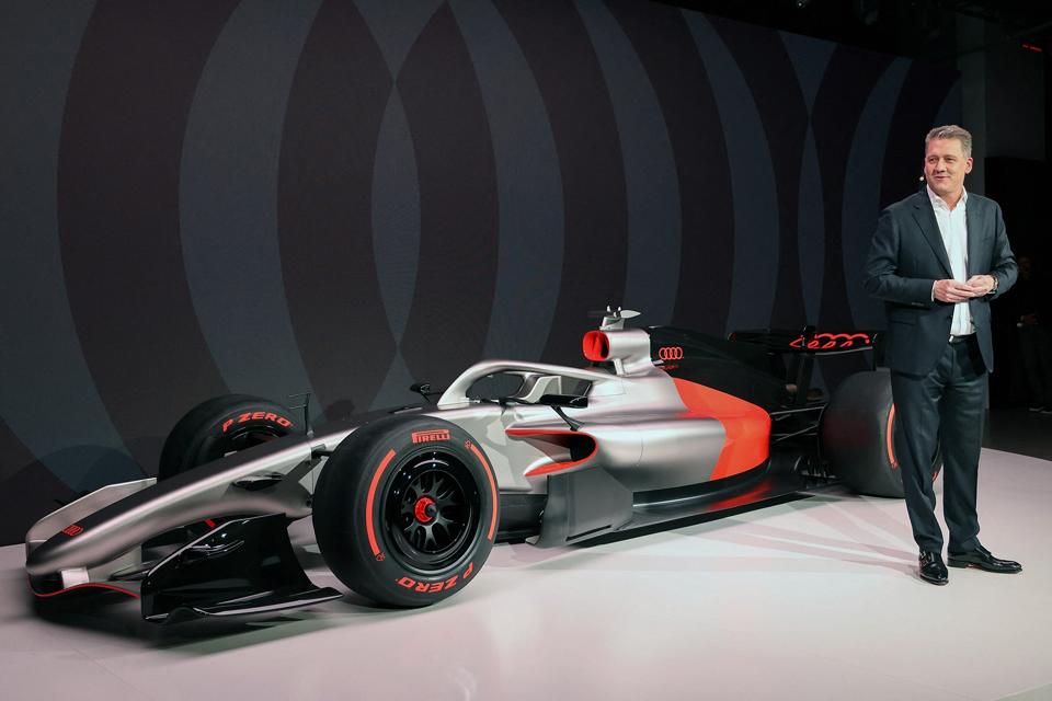 The silver, red and black livery of the new Audi Formula 1 car.