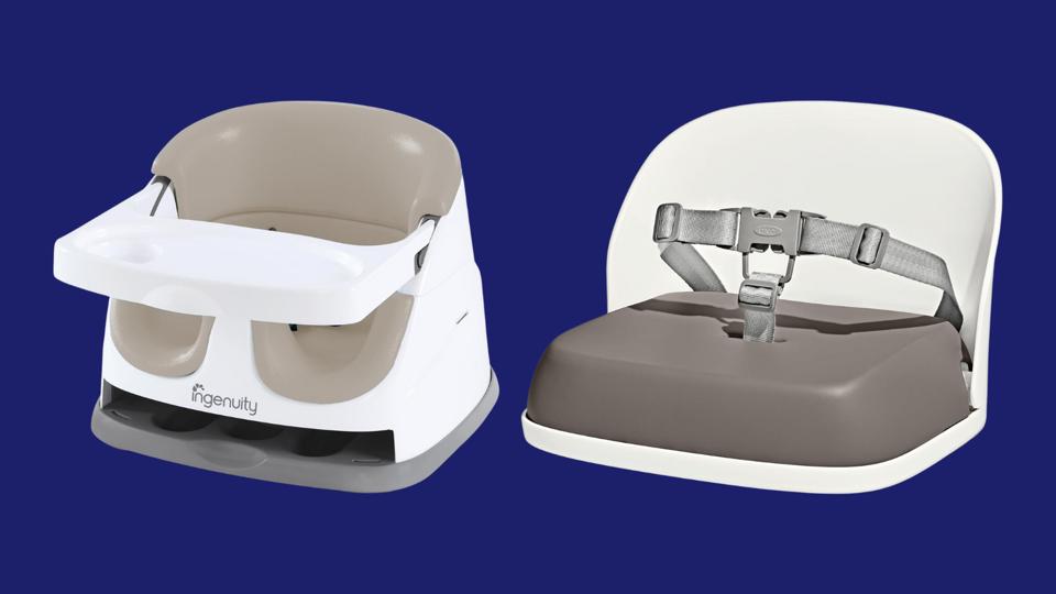 Two portable high chairs against a dark blue background.