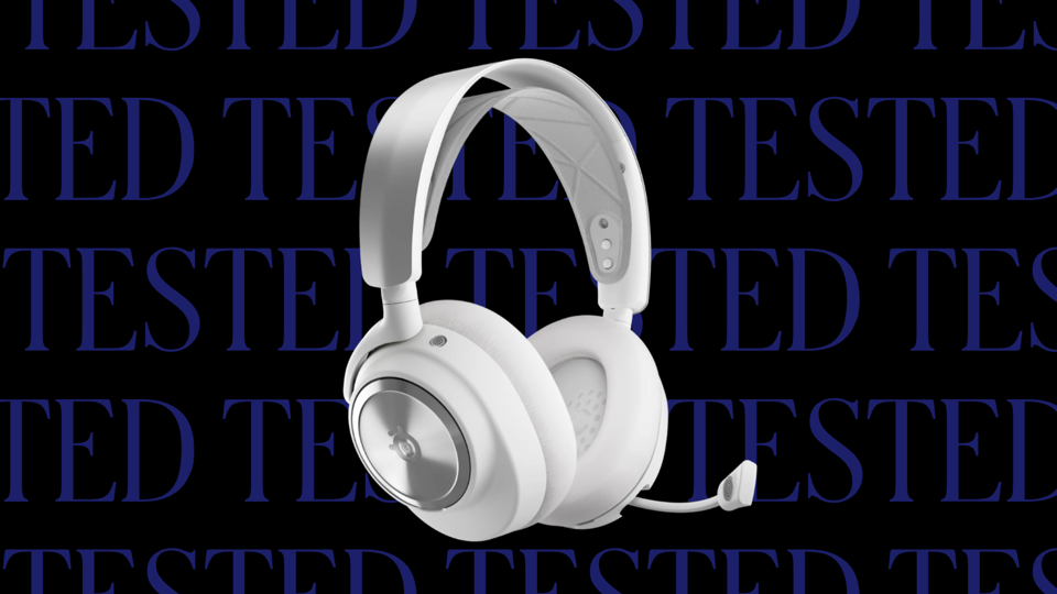 A white gaming headset shown against an illustrative background.
