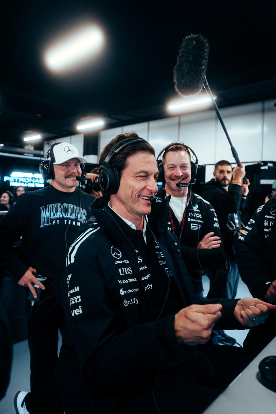 Inside the Mercedes-AMG Garage at the 2025 Las Vegas Grand Prix with Team Principal & CEO Toto Wolff and new stakeholder Crowdstrike CEO George Kurtz.