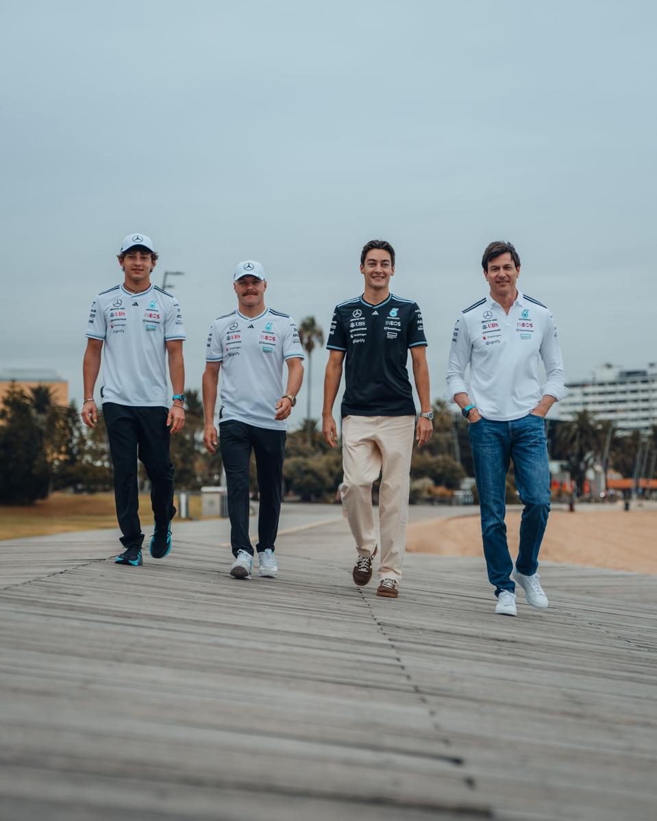 Toto Wolff (R) alongside his driver lineup of George Russell, Valterri Bottas & Kimi Antonelli in Melbourne, Australia in March 2025.