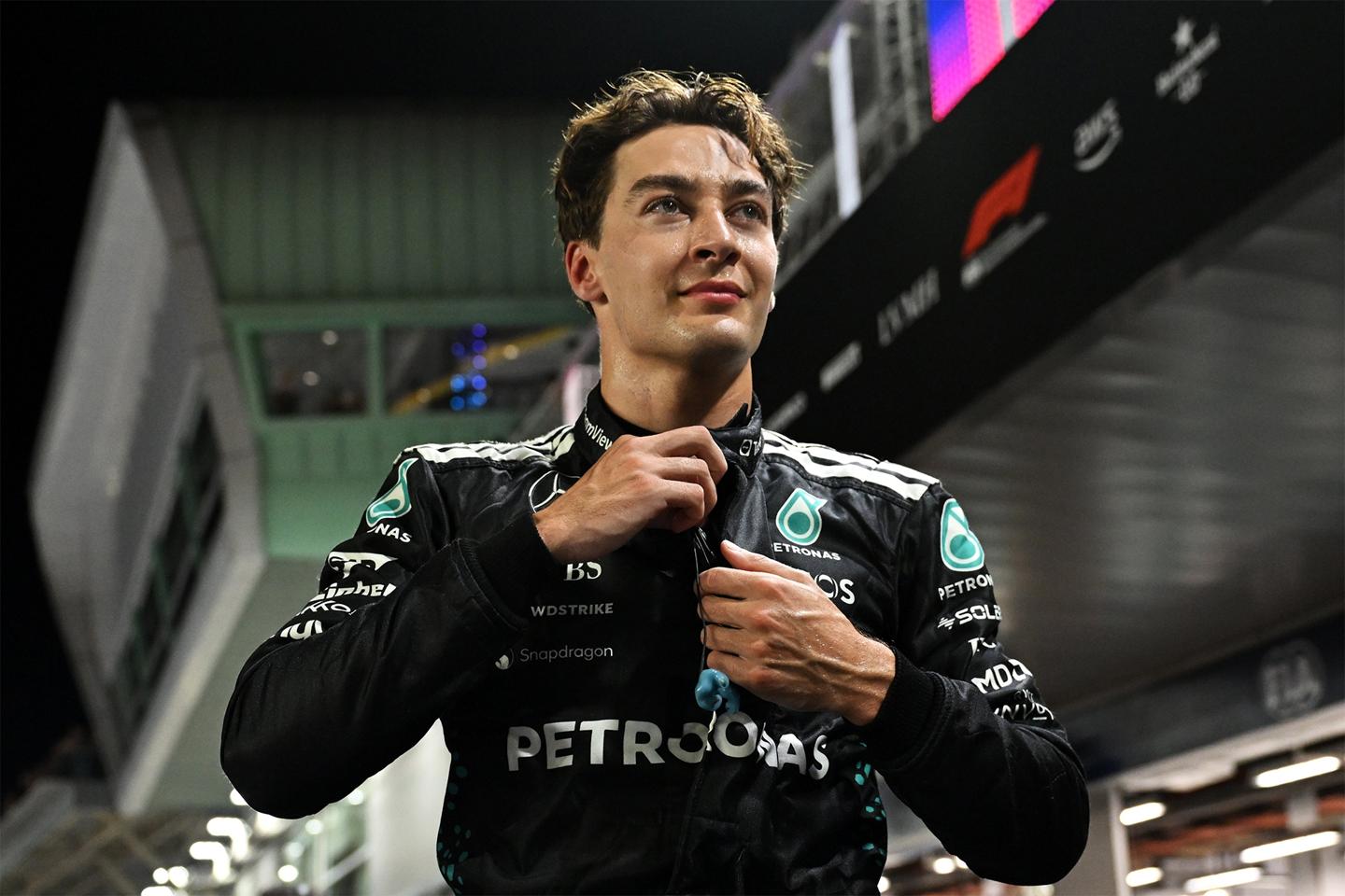 Mercedes Formula 1 driver George Russell during qualifying for the 2025 race in Singapore.