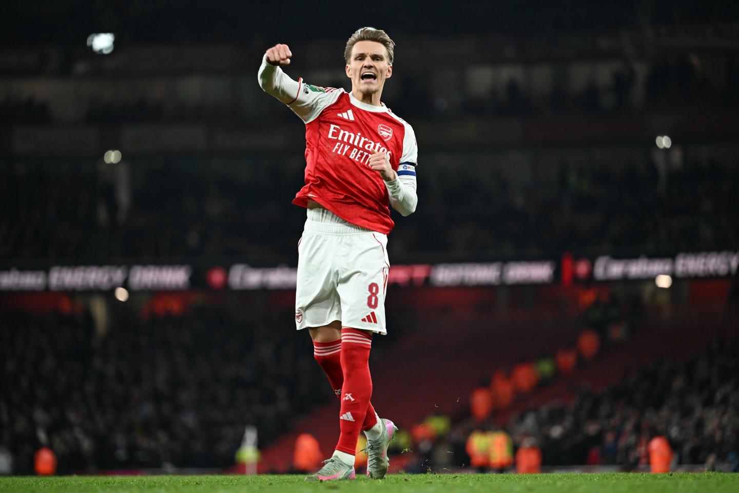 Arsenal midfielder Martin Odegaard after scoring in a 2025 shootout vs. Crystal Palace.