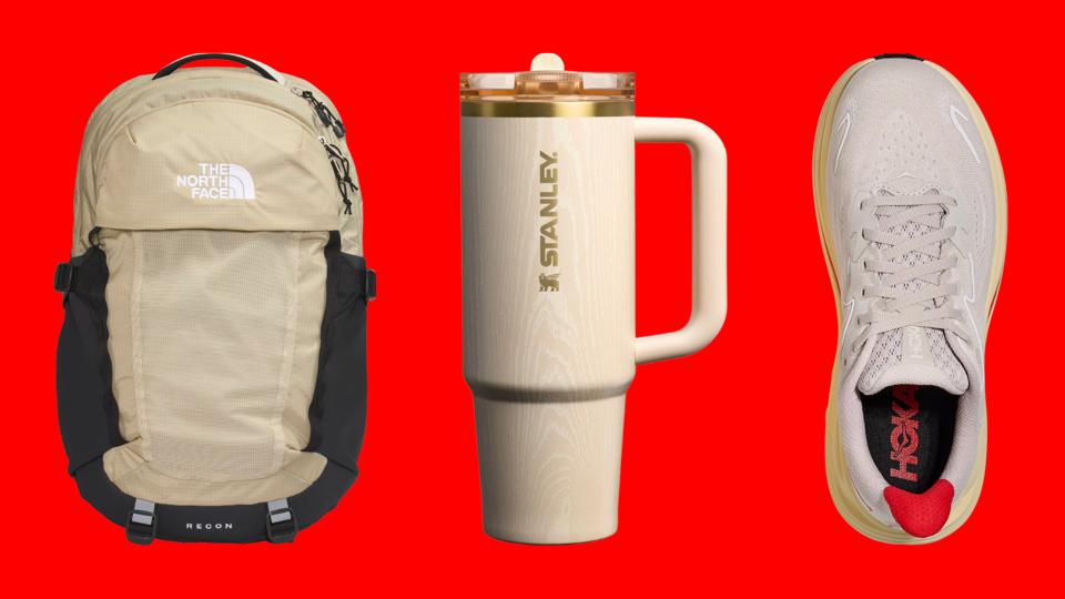 Collage of backpack, water bottle and sneakers.