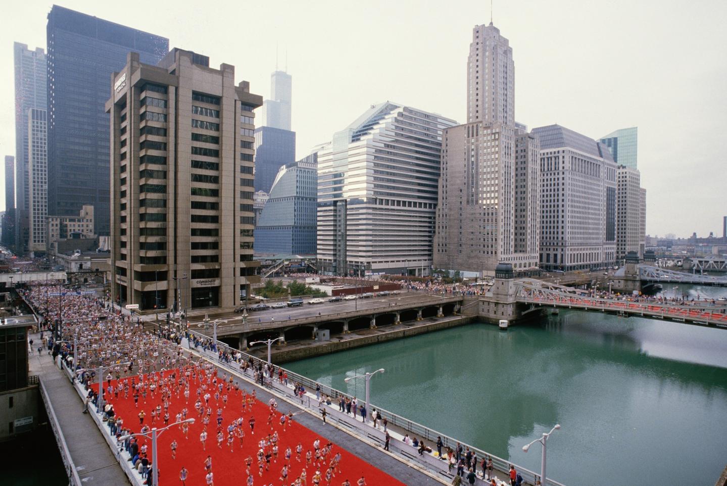 Overview of Marathon Runners on Bridges, Chicago