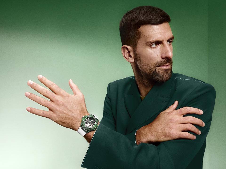 Novak Djokovic wearing the Big Bang Tourbillon Novak Djokovic GOAT Edition, grass version.