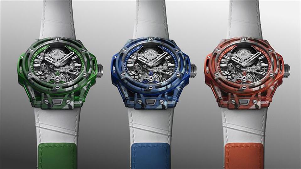 The Big Bang Tourbillon Novak Djokovic GOAT Edition comes in three colors aligned to the colors of tennis’s three playing surfaces.