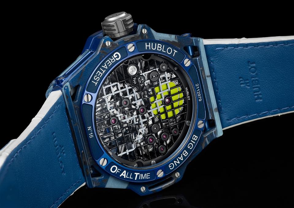 The mainplate of the Big Bang Tourbillon Novak Djokovic GOAT Edition is designed to resemble a tennis racquet.