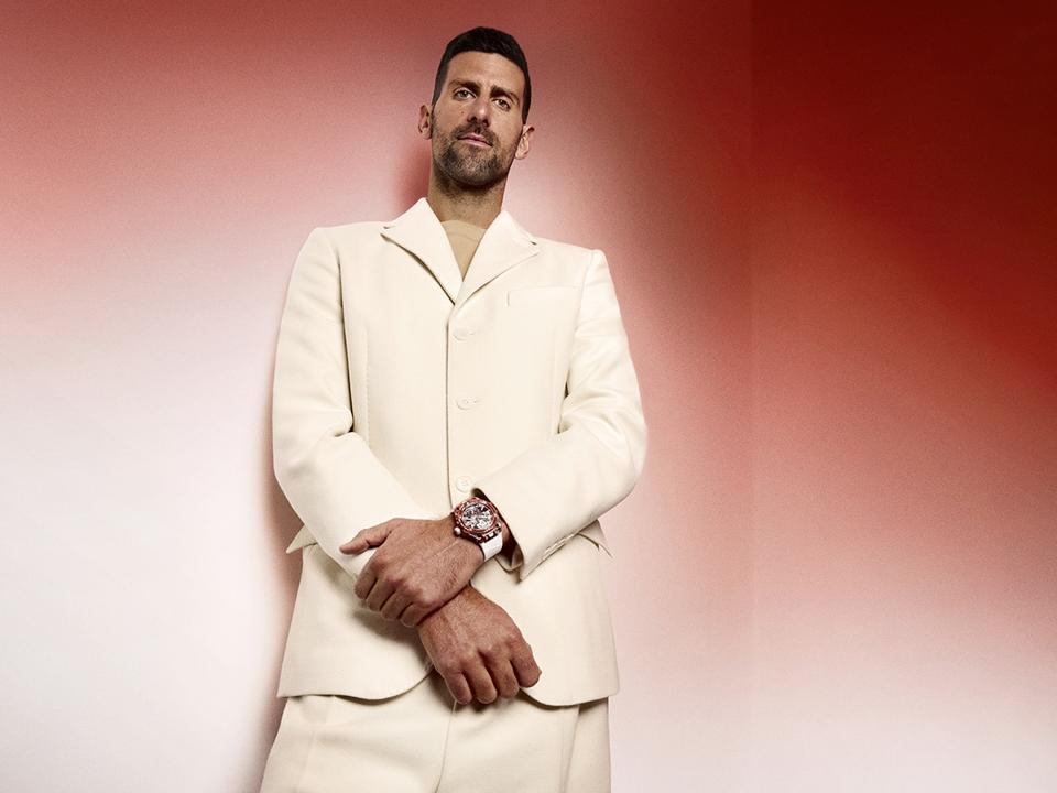 Novak Djokovic wearing the Big Bang Tourbillon Novak Djokovic GOAT Edition, clay court version.