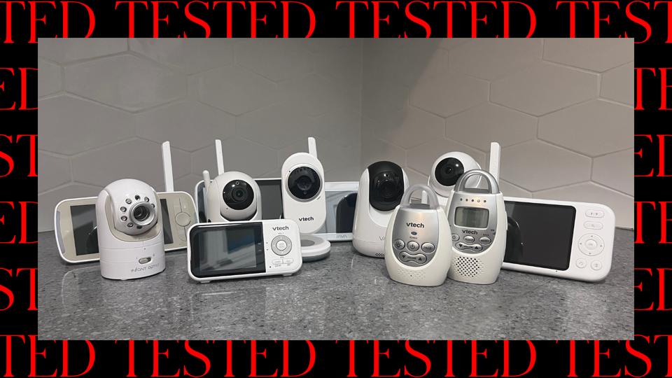 A collection of non-Wi-Fi baby monitors on a counter, with a graphic frame that says "tested"