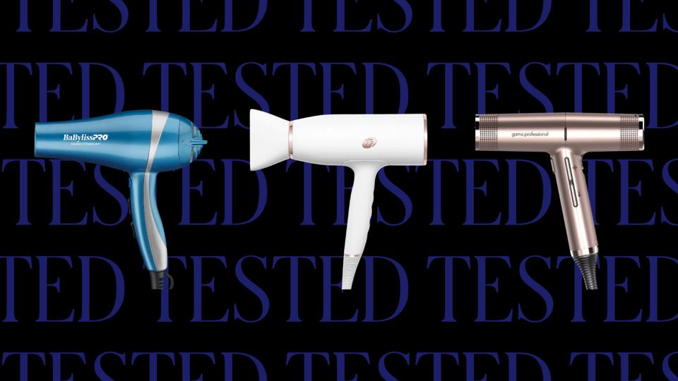 Three of the best hair dryers on a black tested background