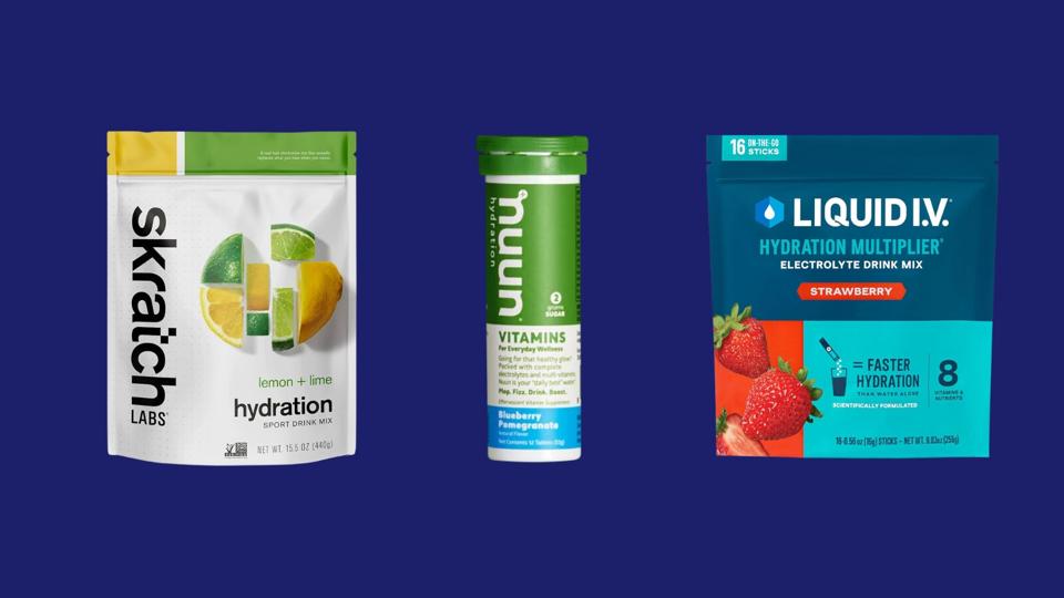 Three different electrolyte powder blends on a dark blue background