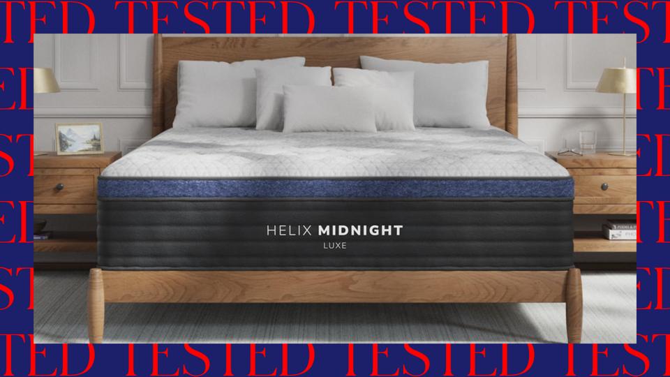 The Helix Midnight Luxe against a red and blue background that says tested.