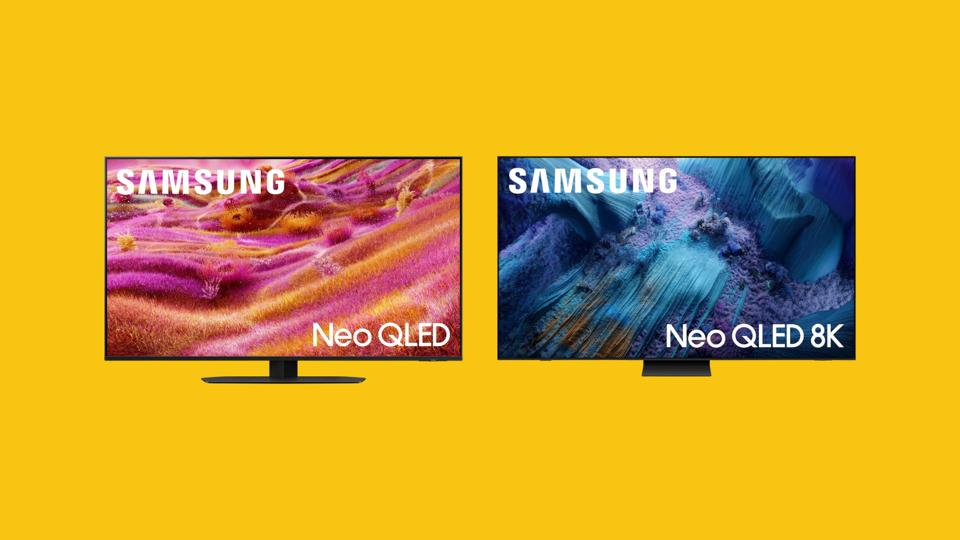 Two Samsung TVs against a yellow background.
