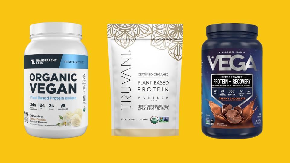 Three different plant-based protein powder blends on a yellow background