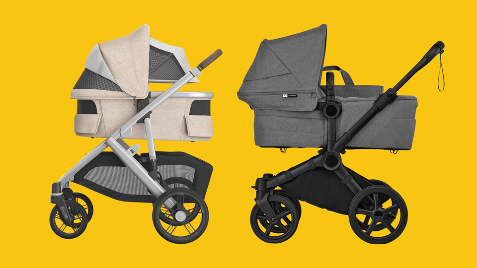 Uppababy Cruz V3 and Bugaboo Donkey 6 bassinet strollers on a yellow background