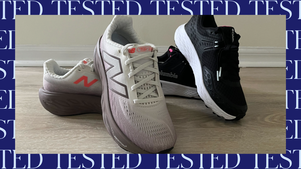 Two walking shoes with a blue border that says "tested."